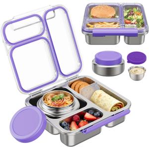 Pawtong Stainless Steel Bento Box Kids Adult with 7oz Insulated Food Jar, Transparent Lid Metal Lunch Box With Soup Thermal Jar, Lunch Box Container with Removable Divider & Sauce Cup School (Purple)