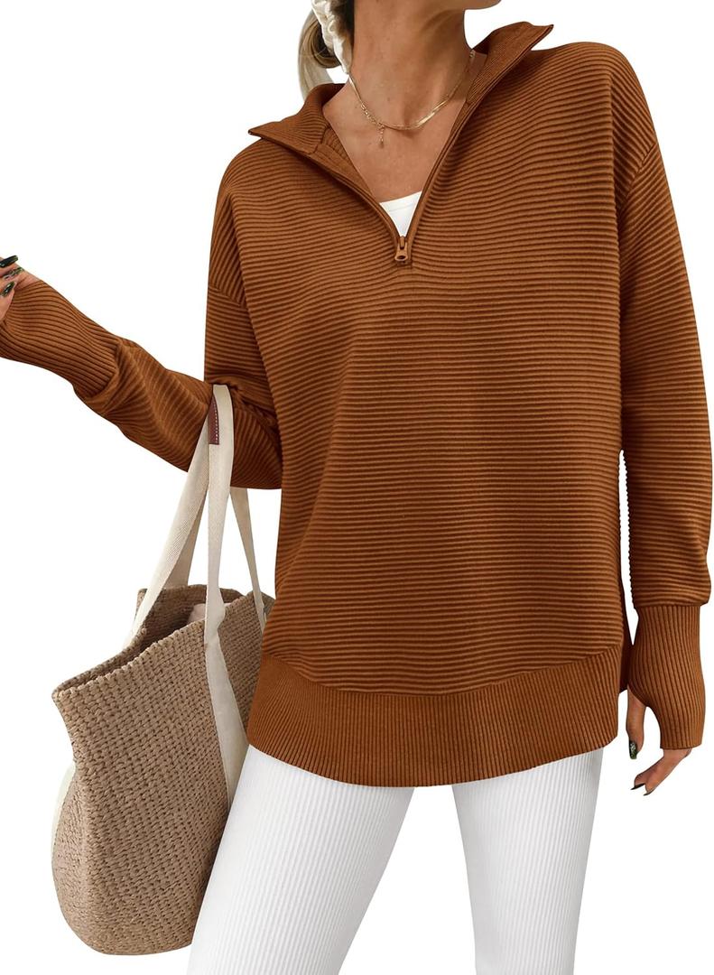 PRETTYGARDEN Womens Long Sleeve Quarter Zip Pullover Sweater Casual Loose V Neck Collared Ribbed Knit Jumper Tops Thumb Hole (XX-Large, Caramel)