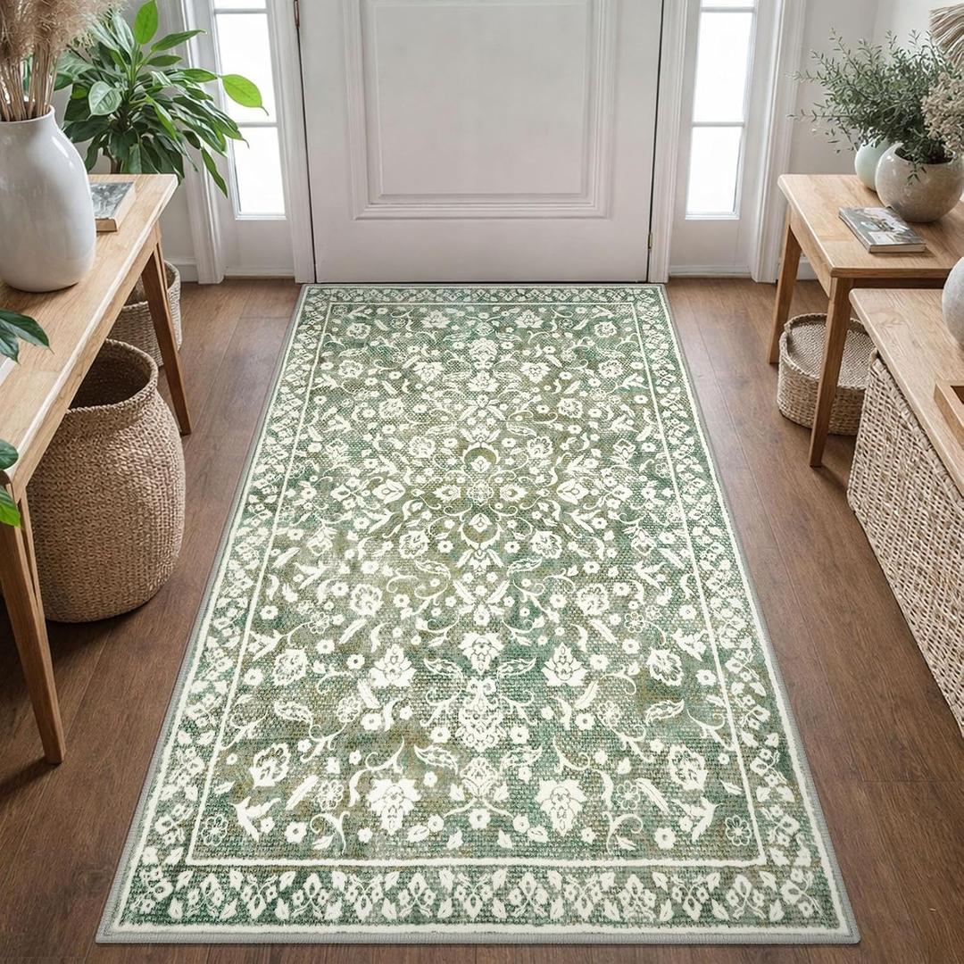 Vintage 3x5 Washable Rug for Entryway, Super Soft Sage Green Beige Entryway Rug Non-Slip, Printed Faux Wool Floral 3x5 Area Rug Thin Floor Carpet for Kitchen, Bedroom, Office, Living Room