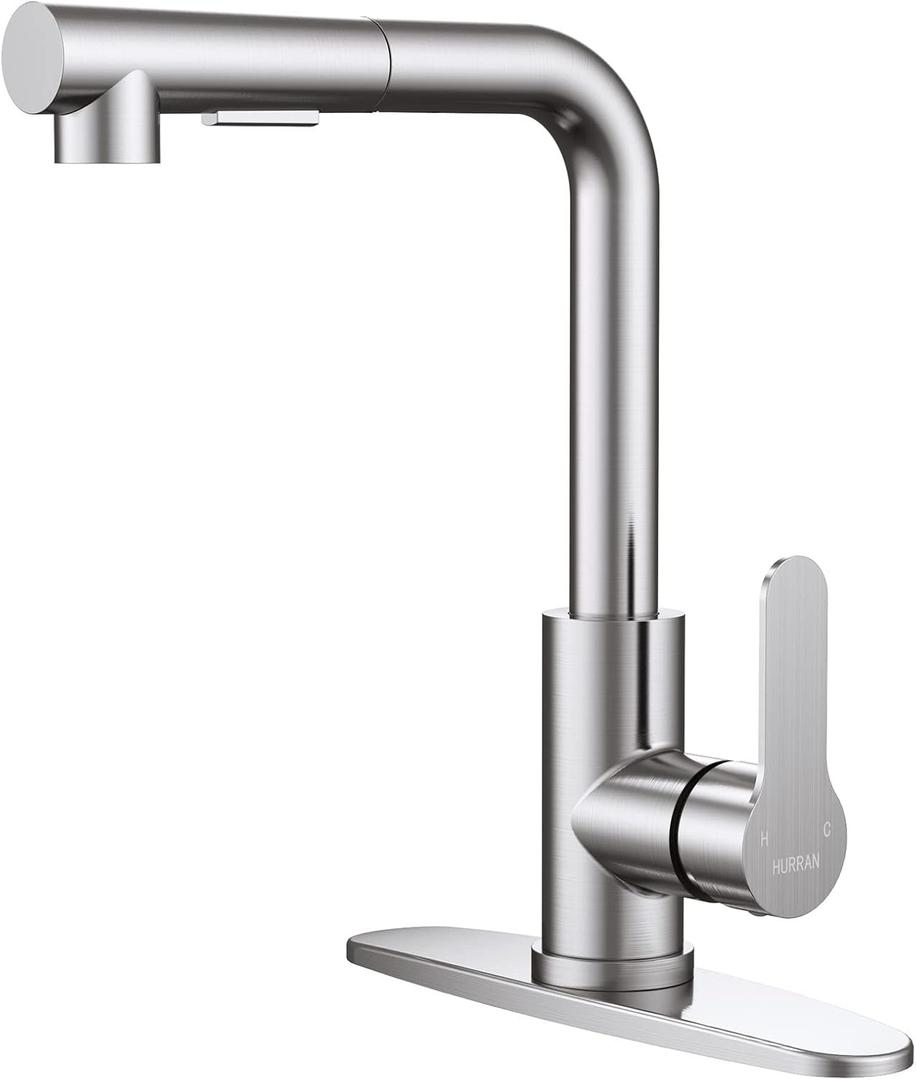 Kitchen Faucets, Brushed Nickel Kitchen Faucet with Pull Down Sprayer and Deck Plate, Stainless Steel Commercial Utility Kitchen Faucets for Sink 3 Hole for Bar Rv Camper Laundry Outdoor Farmhouse