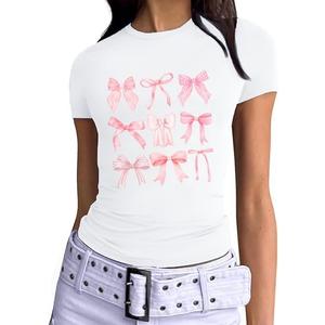 Crop Tops for Women Casual Short Sleeve Shirts Trendy Y2k Cute Bow Print Shirts Slim Fitted Spring Clothes for Women (White, XXL)