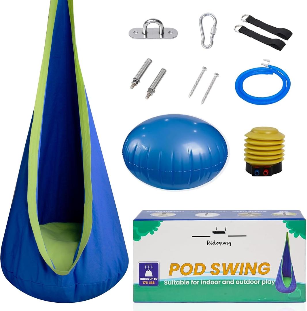 Kids Pod Swing Seat  Kids Hammock Chair with Pockets and Inflatable Pillow for Indoor & Outdoor  Indoor Swing for Kids with 176 lbs Capacity (Blue-green)