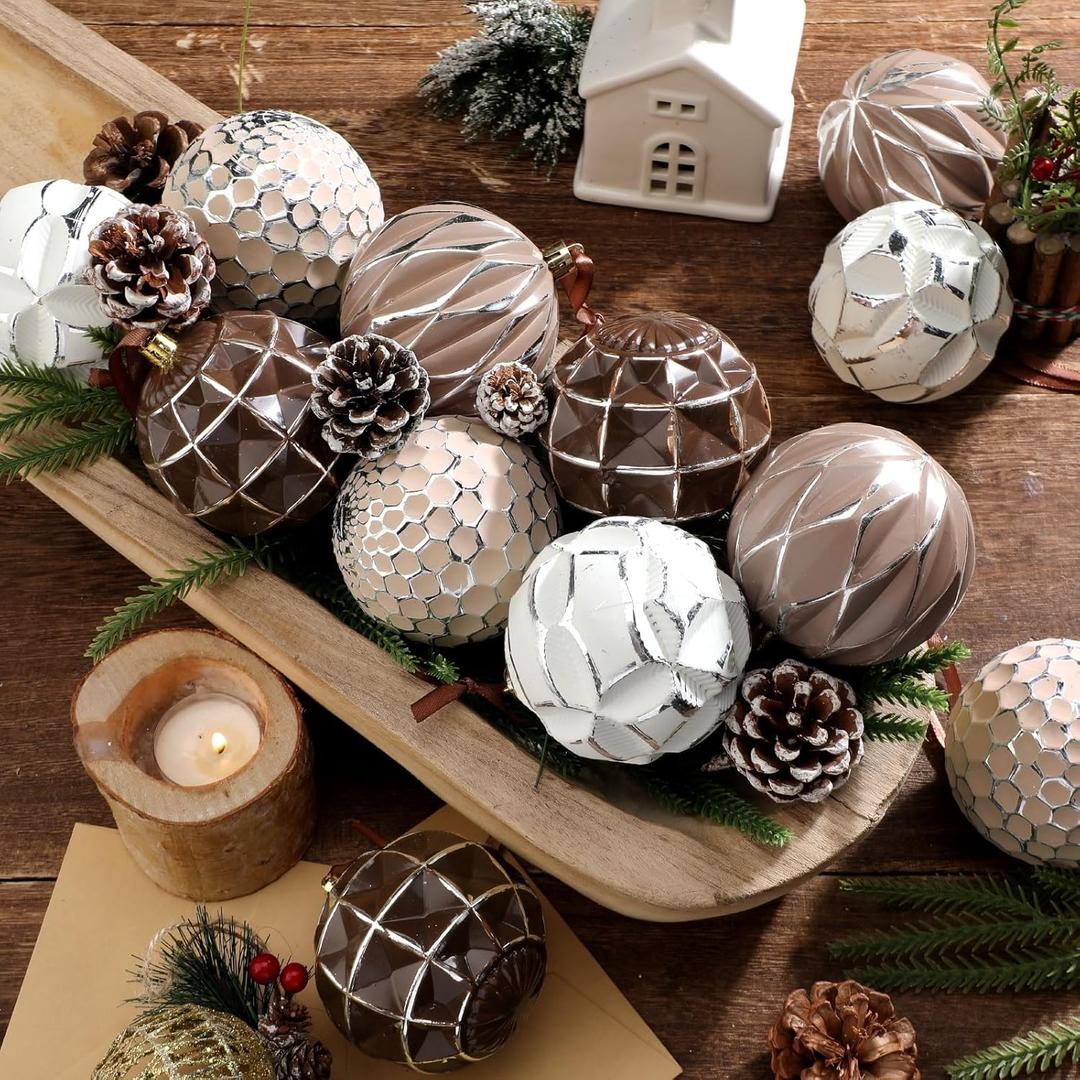 12 Pcs Neutral Textured Christmas Ball Ornaments 3.15 Inch Rustic Boho Brown Taupe Nude Ivory Xmas Bulbs Farmhouse Distressed Xmas Baubles Vintage Antique Modern Christmas Decor for Tree