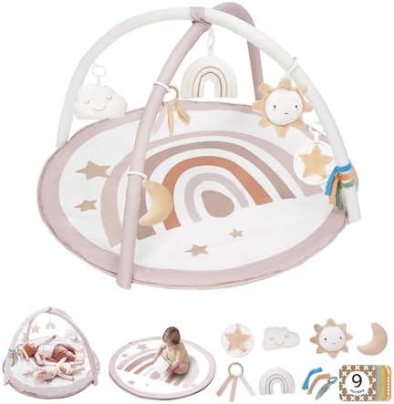 Baby Play Gym Mat, Tummy Time Activity Mat with 7 Detachable Toys and 12 Milestone Cards for Stage-Based Sensory and Motor Skill Development, Washable Play Mats for Infant, Newborn Baby Essentials