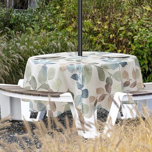 Colorful Leaf Round Outdoor Tablecloth with Umbrella Hole, Table Cloth with Hidden Zipper Outdoor Party Cafe Decorative Floral Table Cover Wrinkle Free Spillproof(6-8 Seats, Blue/Green/Tan, 70" Round)