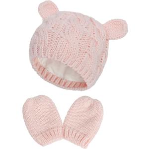 RAOEXI Unisex Baby Toddler Hat and Mitten Set Winter Knitted Thick Warm Beanie Cap Gloves for Infant Boys Girls (0-3 Months, Pink)