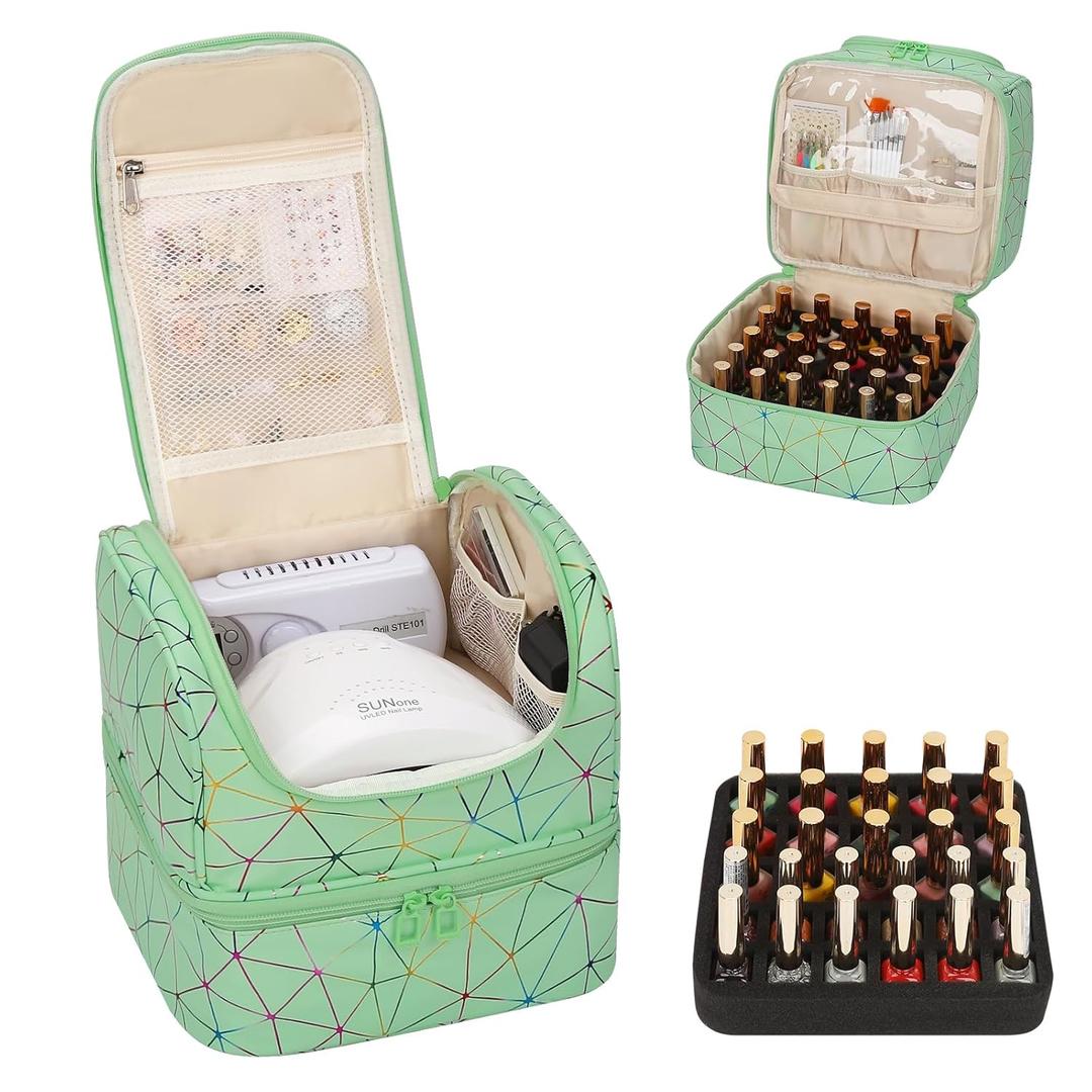 CUBETASTIC Nail Polish Organizer, Cute Nail Tech Organizers And Storage Bag Holds 45 Bottles & UV Nail Lamp, Compact Double-Layer Travel Nail Supplies Case for Nail Kit (Triangle Green, 27 Slots)