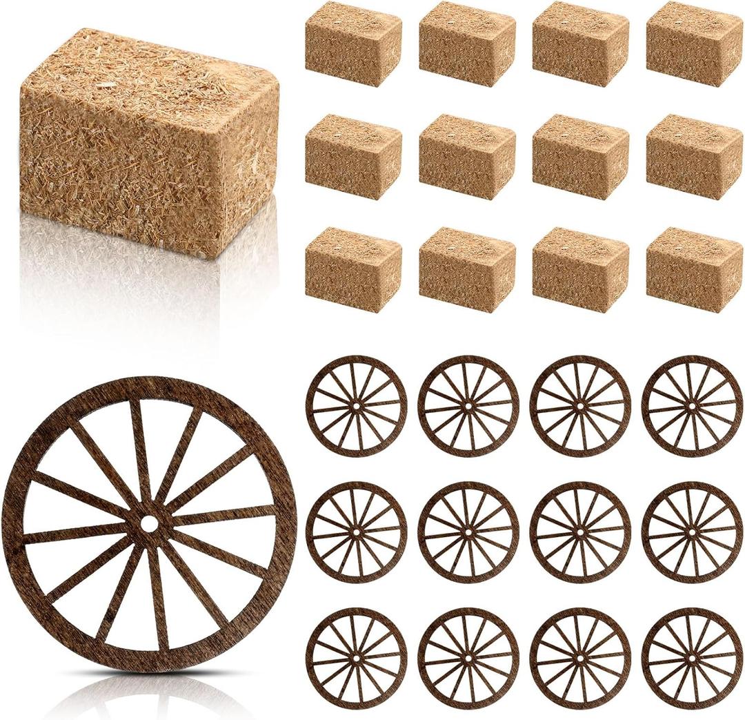 Junkin 24 Pcs Western Theme Party Decorations Birthday Table Centerpieces Mini Hay Bales and Small Western Wagon Wheels for Crafts Horse Rodeo Decor Cowboy Wedding Party Favors Supplies