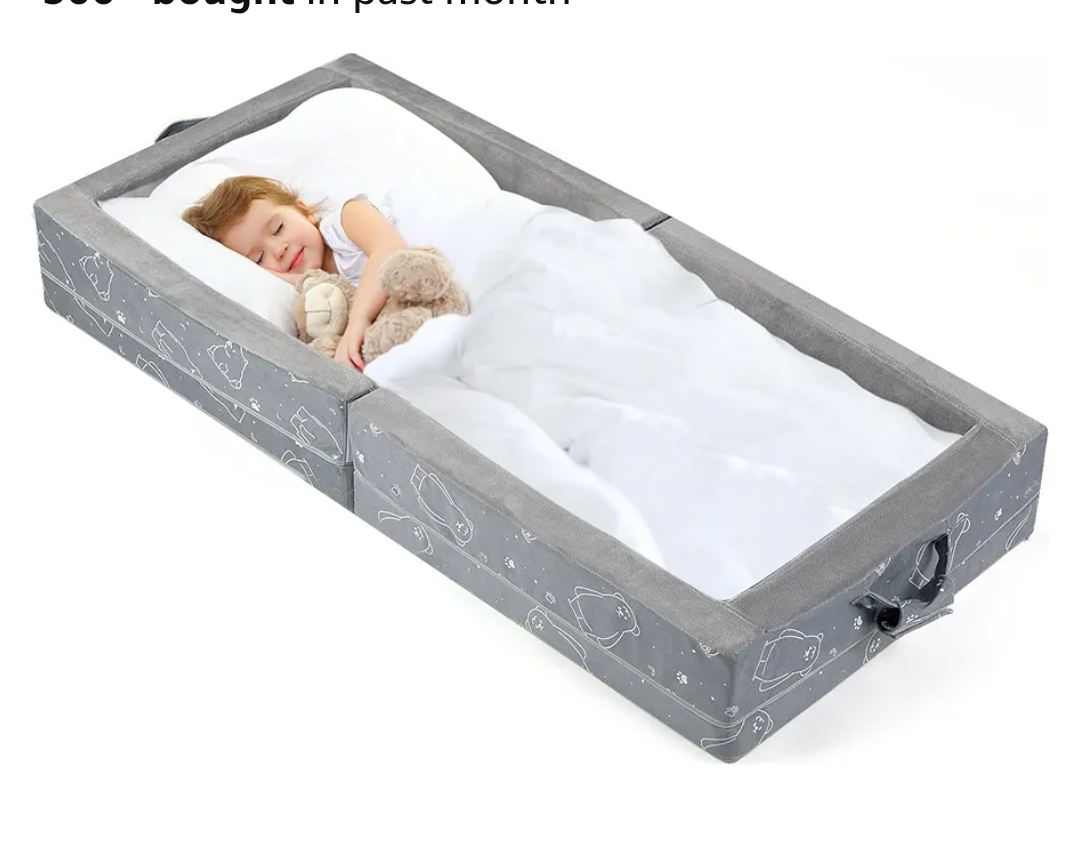 Portable Toddler Travel Bed – Foldable Soft Foam Floor Crib with Washable Cover, Built-in Safety Rails, No Assembly, Compact for Travel & Home Use, Grey