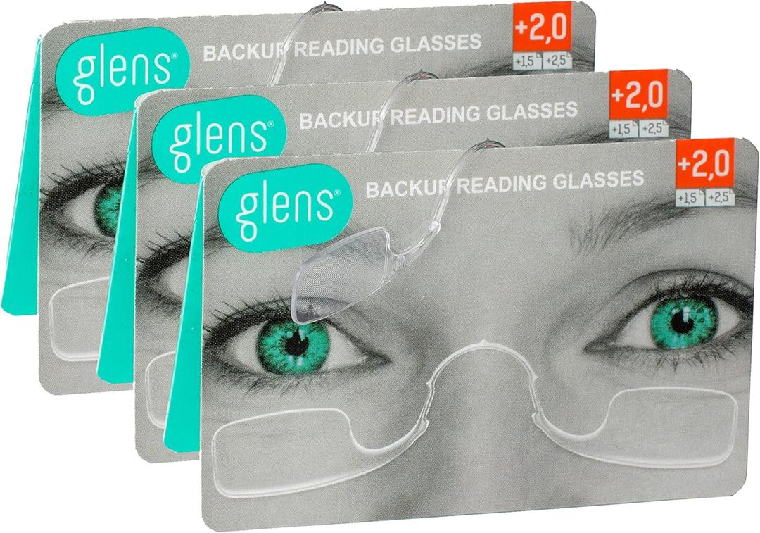 glens Unisex Armless Reading Glasses - 3 Readers in +2.0 Classic Pack- Emergency Lightweight Pocket Ultra Thin Readers - Reading Glasses Men & Women