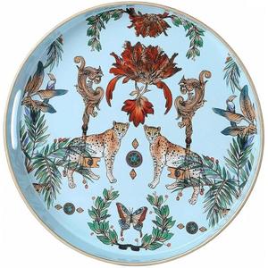 Zosenley Round Decorative Tray, 13 Inch Plastic Serving Tray with Handles, Leopard Style Vanity Organizer for Ottoman, Coffee Table, Kitchen, Bathroom (Blue)