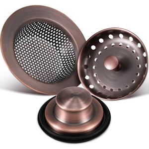 Mudder 3 Pcs Kitchen Sink Drain Strainer and Stopper Stainless Steel Garbage Disposal Plug with Handle Universal Anti-Clogging Kitchen Sink Filter Sieve Basket Strainer(Antique Copper)
