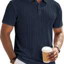 JMIERR Men's Textured Knit Polo Shirt Summer Short Sleeve Vacation Button Beach Knit Stretchy Golf Shirts XX-Large, Navy Blue