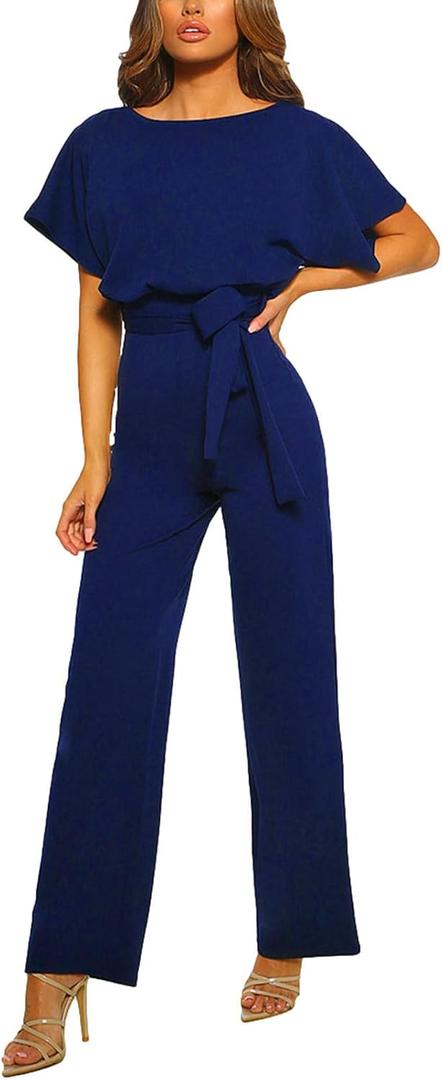amropi Women's Short Sleeve Jumpsuits Belted Wide Leg Long Pant Romper, Size: M