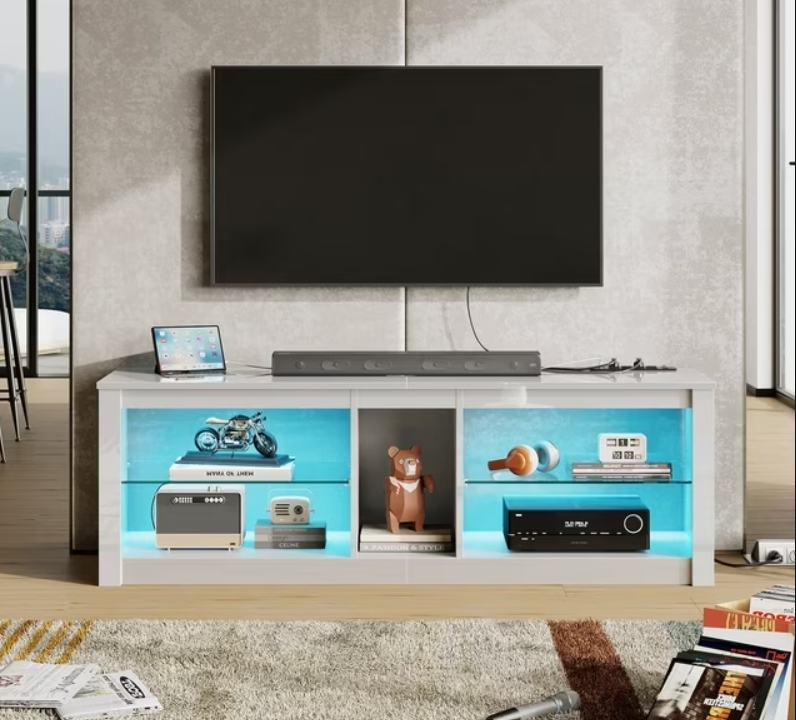Bestier 55 inch TV Stand with LED Lights,High Gloss Entertainment Center Cabinet for Living Room,with Built-in Storage, White