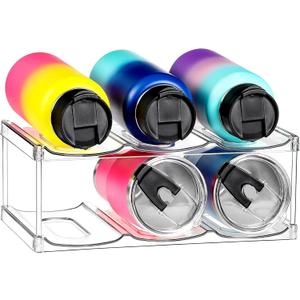 LARGER Compartment - Stackable Water Bottle Organizer Holder - for Stanley & Others' Large Tumbler - Clear Rack, Cup Bottle Holder for Cabinet Home Countertop Fridge Pantry Shelf, 2 Tier Hold 6