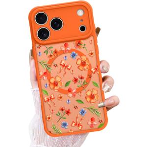 OOK Frosted Magnetic Case for iPhone 17 Pro Max, Cute Orange Floral Bow | Compatible with MagSafe, Shockproof Cover for Women & Girls