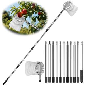 BURMONG 13.8 FT Fruit Picker Tool with Stainless Steel Pole & Soft Basket Adjustable Tree Fruit Harvester for Apple, Mango, Avocado, Orange, Pear, Lemon & More Lightweight & Rust-Resistant