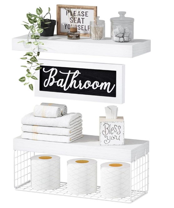 QEEIG ‎Bathroom Shelves Over Toilet  Paper Storage Wall Mounted Farmhouse Decor Decorations Aesthetic Décor Sign Small Floating Shelf 2+1 Set 16 inch, White (020WW)