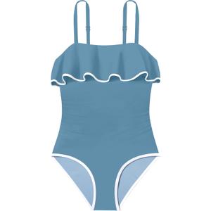 Girls Swimsuit One Piece Swimsuits Color Block Bathing Suit for Teens Ruched Swimwear with Padded 9-16Y (11-12 Years, Haze Blue Ruffle)