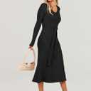 ANRABESS Womens Long Sleeve Fall Dress 2025 V Neck A-line Tie Waist Ribbed Knit Bodycon Midi Sweater Dresses Black Medium (Black, M)