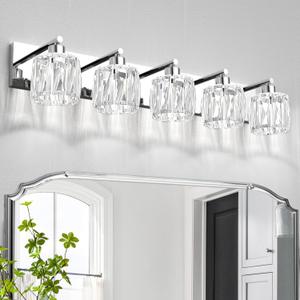 VOLISUN Crystal Vanity Lights - 5 Light Modern Stainless Steel & Chrome Bathroom Light Fixtures Over Mirror - UL Certificated (Exclude Bulb)