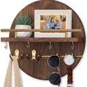 Nekon Key Holder Wall Mount, 11.8 Inch Rack With Shelf and 6 Hooks, Rustic Mail Organizer, Circular Wooden Hanger for Entryway Hallway Kitchen (Brown&Gold)