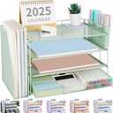 OPNICE Desk Organizer, 4-Tier Desktop File Organizer with Drawer and 2 Pen Holders, Office Desk Accessories, File Sorters, Workspace Organizers for Office Supplies(Green)