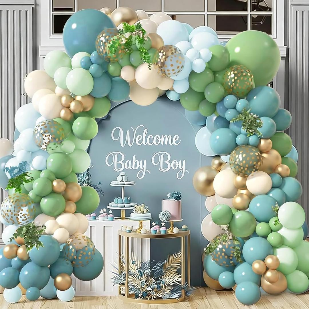 143PCS Matte Balloon Garland Kit - 18Inch Focal Dusty Blue, Sage Green, Metallic Gold with Cream White, Includes Multiple Sizes for Baby Shower Wedding Birthday Party Decorations