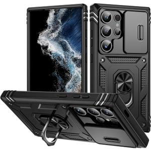 for Samsung Galaxy S24 Ultra Case with All-Angle Rotating Kickstand & Sliding Camera Cover - Heavy Duty Shockproof Protective Cover, Black