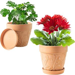 2 x Melphoe Plant Pots Indoor with Drainage & Saucer, 2Pack 7/8 inch Flower Pots Outdoor Planters for Indoor Plants Garden Home Decor Cactus Succulent, Rigid Plastic (Imitation-Terracotta) Vine-Embossed