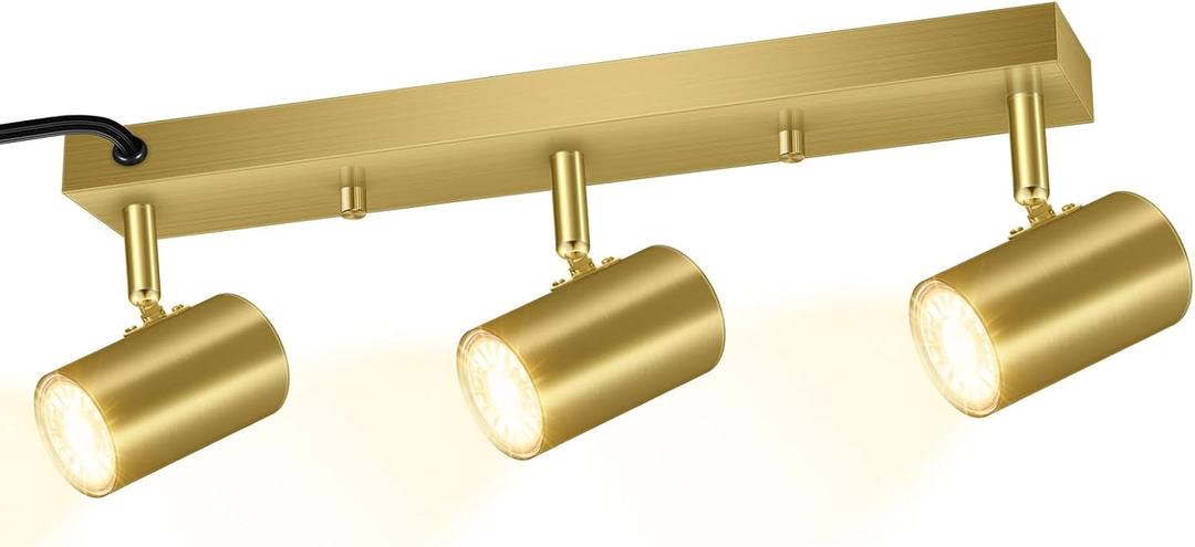 AUQUEE 3 Light Track Lighting Kit,Gold 3 Way Modern Plug in Ceiling Spotlight,Industrial LED Wall Light for Kitchen Cabinet Gallery Bar Hallway Living Room,Rocker Switch,15 Foot Cord(No Bulb)