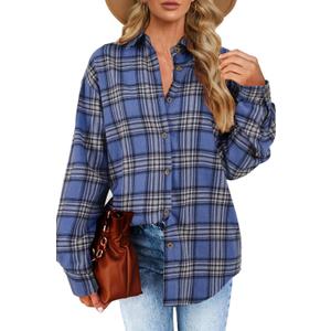 Womens Long Sleeve Plaid Shirts Flannel Collared Button Down Shackets Casual Rolled Up Boyfriend Blouses Top (X-Large, Blue)