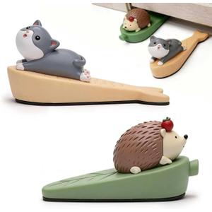 Cute Door Stoppers 2 Pack, Cat & Hedgehog Door Stops for Bottom of Door, Resin Decorative Door Stopper for Home Office Bedroom, Non-Slip Heavy Duty Door Stop