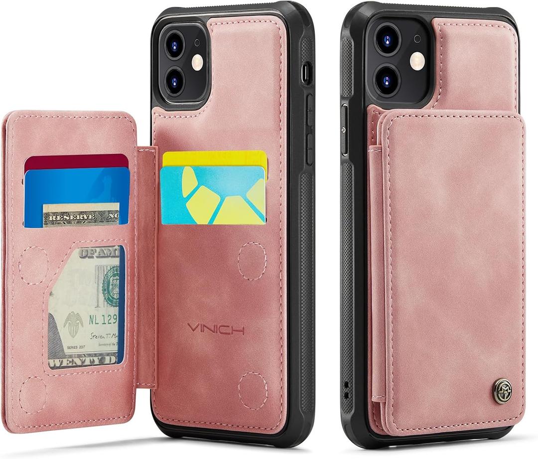 Vinich for iPhone 12/12 Pro Wallet Case with Card Holder, RFID Blocking Credit Slots Kickstand Shockproof Phone Cover Fit for iPhone 12/12 Pro 6.1" Rose Pink