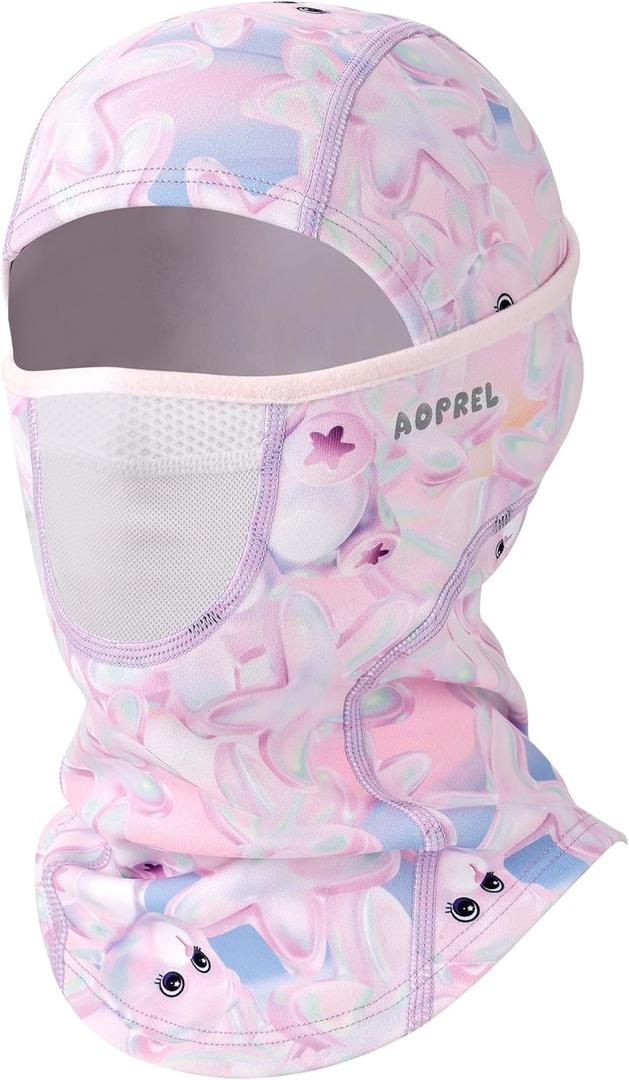 Kids Balaclava Ski Mask with Breathable Holes, Windproof Fleece Full Face Mask for Cold Weather Boys Girls (Pink Purple Bear)