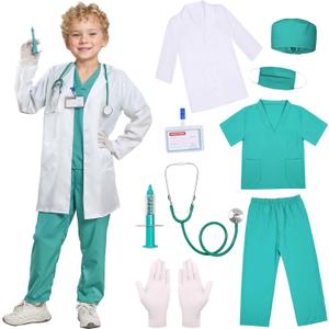 SIZGAROOT Doctor Costume for Kids Toddler Girls Boys Doctor Costume with Lab Coat Halloween Party Dress Up (6-7 Years, Green)