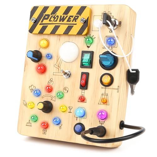 Joyreal Montessori Busy Board Wooden Sensory Toys for Toddler with LED Light Up Switch, Baby Fidget Board Travel Toys for 18+ Months, 1 2 3 Year Old Boys Girls Toddler Toy Gifts (Classic)