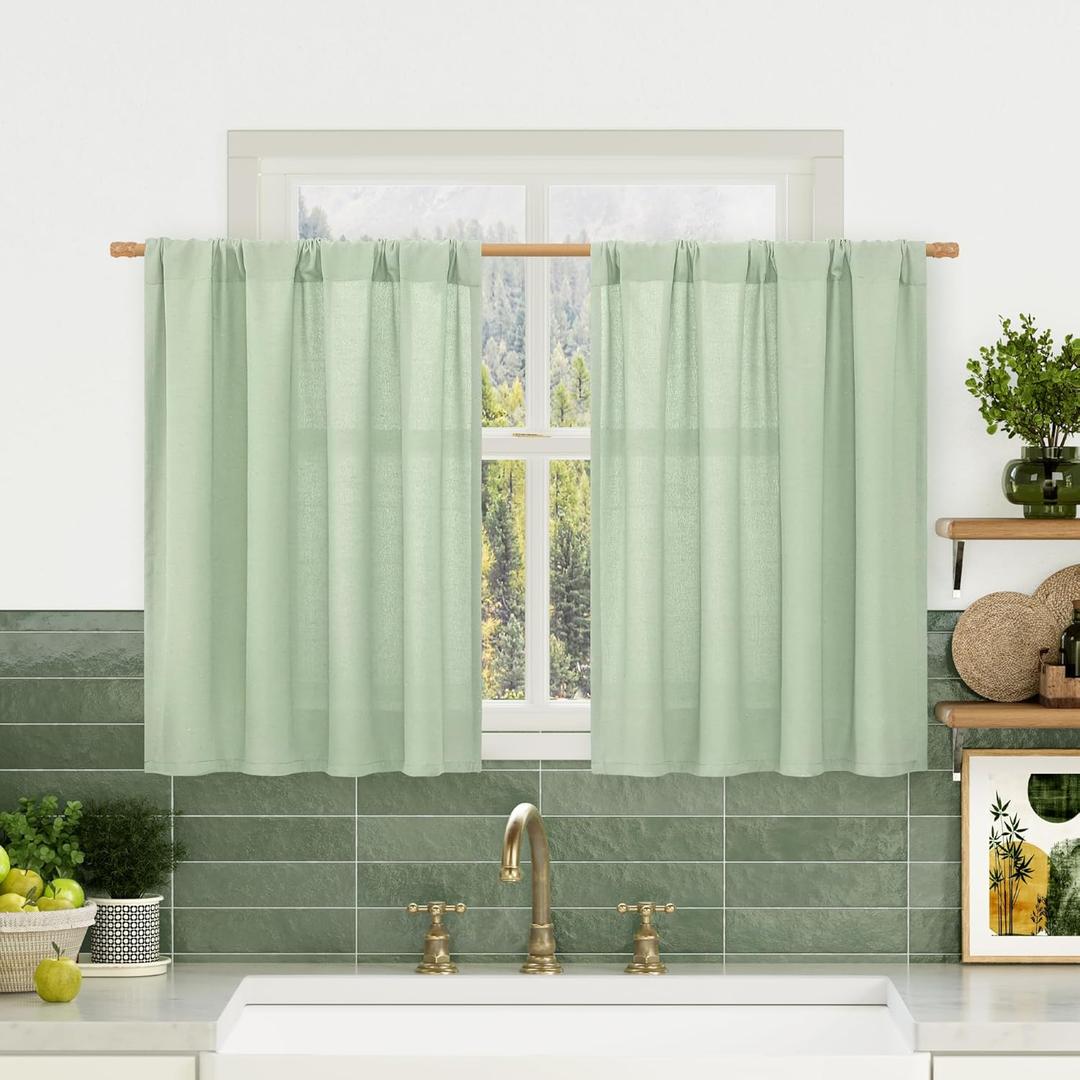LAMIT Window Linen Curtains 30 Inch Length, Faux Linen Textured Light Filtering Drapes for Kitchen/Cafe, Rod Pocket Boho Neutral RV Curtains for Small Windows, 2 Panels, Light Green, 42 x 30 Inch