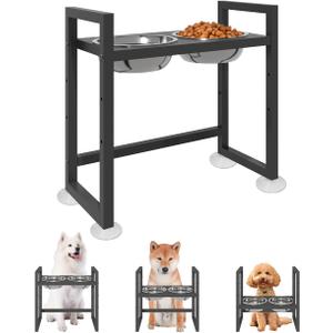 Elevated Dog Bowls Stand with 2 Stainless Steel Food & Water Bowls for Large Medium Small Dogs, Adjustable Raised Dog Bowl with Non-Slip Plastic Sucker for Pet, Black