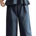 SweatyRocks Women's 2 Piece Outfits Striped Open Back Halter Peplum Top with Pants Matching Sets Dark Blue Medium