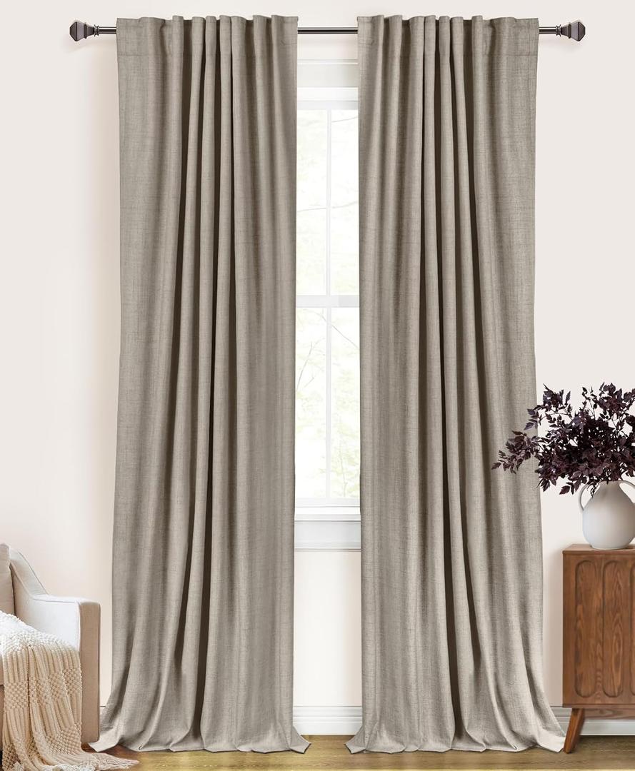 100% Blackout Shield Linen Blackout Curtains for Bedroom 90 Inches Long, Back Tab/Rod Pocket Living Room Drapes, Thermal Insulated Blackout Curtains 2 Panels Set, 50" W x 90" L, Faux Linen