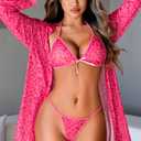 Avidlove Women Sexy Lingerie Set 3 Piece Mesh Kimono Robe with Bra and Panty Sheer Sleepwear (Pink, XL)