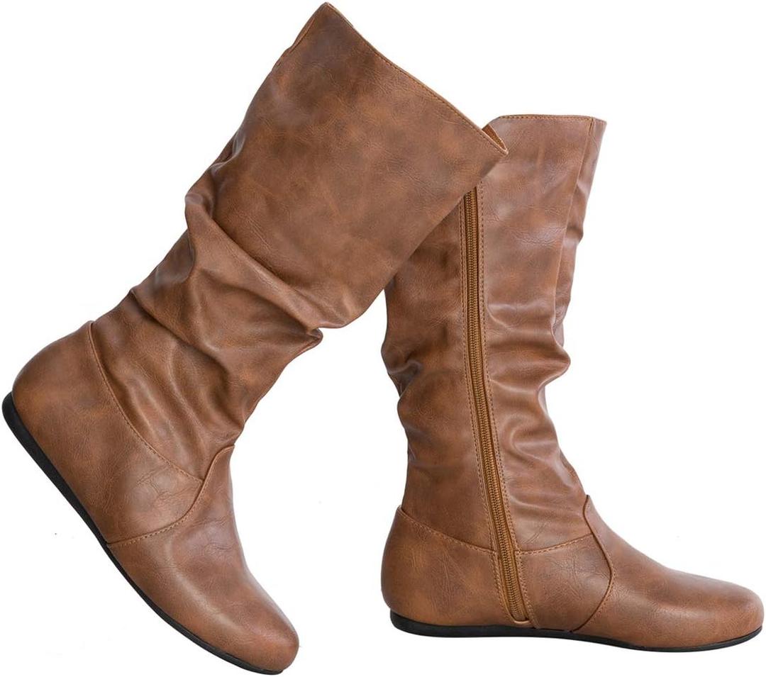 Olivia K Women's Low Heel Mid-Calf Slouchy Suede Slip On Casual Boots with Side Zipper (7.5, Tan Pu)