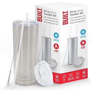 BUILT 20 oz Double Wall Stainless Steel Tumbler - Vacuum Insulated Travel Cup with Tritan Lid, Keeps Drinks Cold 8 Hours Hot 4 Hours, Fits Cup Holder, Silver
