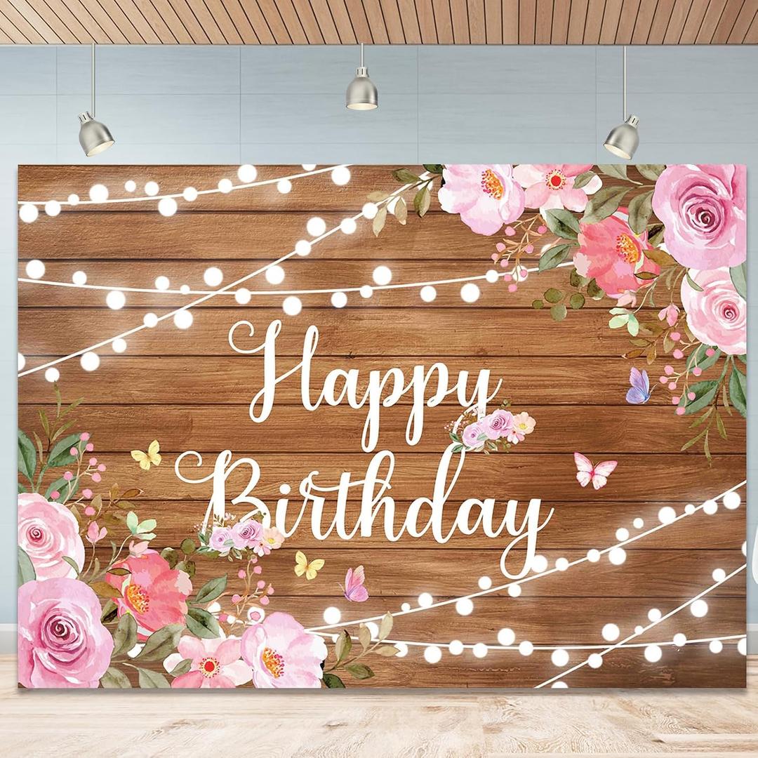 Rustic Wooden Happy Birthday Backdrop for Women 96x72 Inch Rustic Floor Glitter Lights Butterfly Photography Background Pink Floral Happy Birthday Backdrop Party Decorations Banner 8x6Ft (Brown)