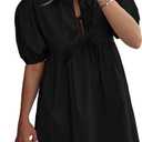 PRETTYGARDEN Womens 2025 Summer Casual Short Sleeve Dresses A Line Bow Tie Front Babydoll Loose Cute Mini Dress with Pockets (Black,Medium)