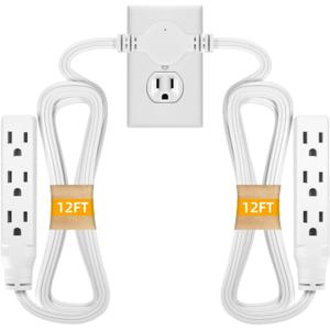 STARELO Twin Extension Cord Receptacle, 24FT, Flat Plug Extension Cord with 6 3-Prong Receptacles, 12FT Long on Each Side,Twin Extension Cord for Behind Beds, Sofas,Dressers, Furniture,etc(White)
