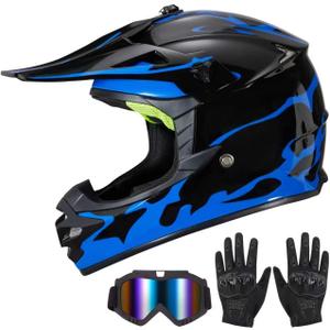 Youth Kids Dirt Bike Helmet for Boys & Girls, F001 Full Face Motorcycle Helmet for Off-Road ATV Street Riding Four Wheeler Mountain Bike with Goggles Gloves, DOT Approved(Glassy Blue Flame, Medium)