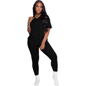 Mrskoala Lounge Sets for Women Two Piece Outfits Pullover Tops and Long Pants Tracksuit Sweatsuits Black S